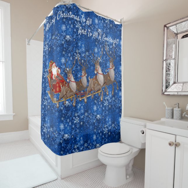 Santa Claus Sleigh Reindeer Christmas Bathroom Tub Shower Curtain (In Situ)