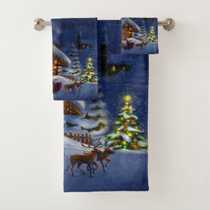 Santa Claus Sleigh Reindeer Christmas Trees Bath Towel Set