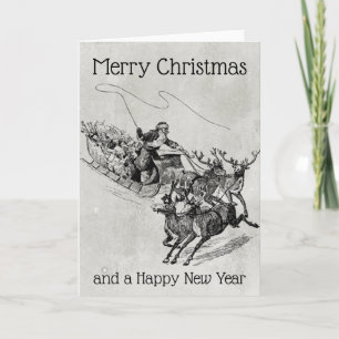 Santa Claus Sleigh & Reindeer Old World Monochrome Holiday Card
