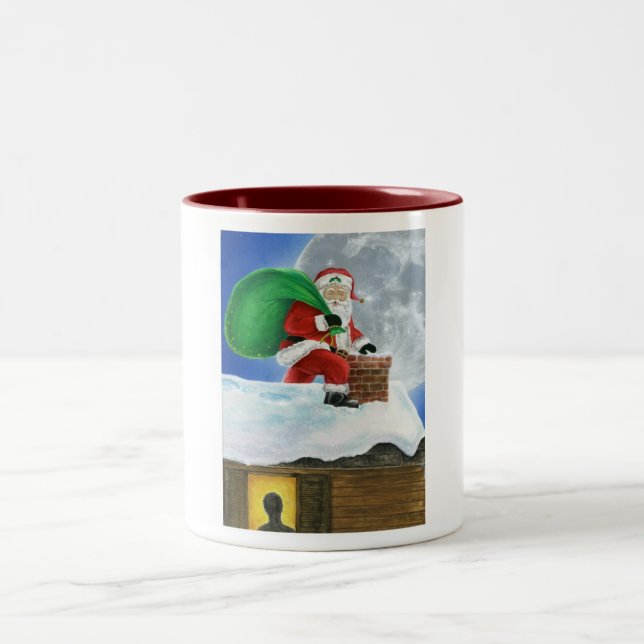 Santa Claus Sneaking on the Rooftop Two-Tone Coffee Mug (Center)