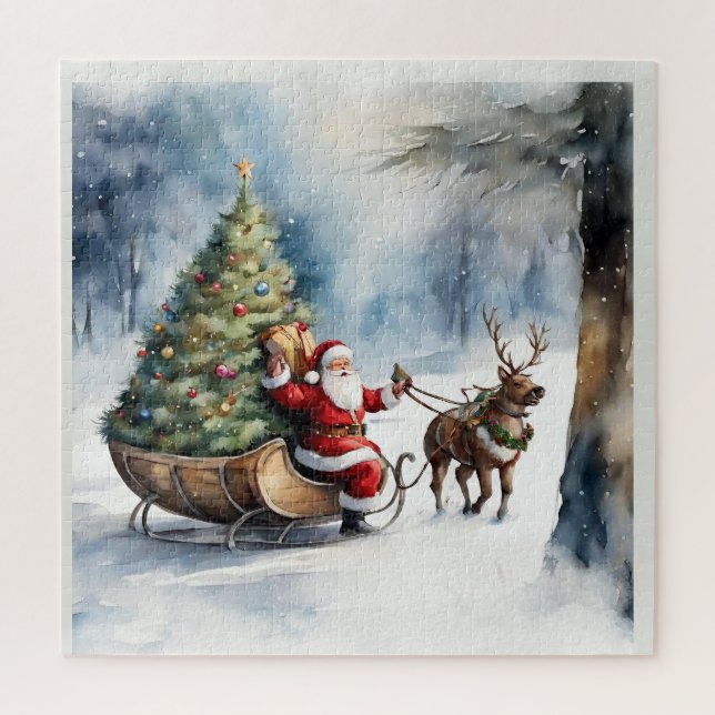 Santa Claus Snow Reindeer Sleigh Holiday Jigsaw Puzzle (Vertical)