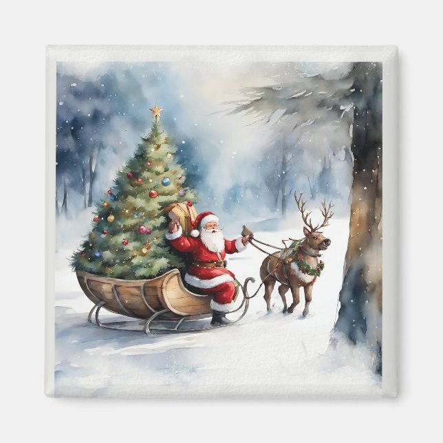 Santa Claus Snow Reindeer Sleigh Holiday Magnet (Front)