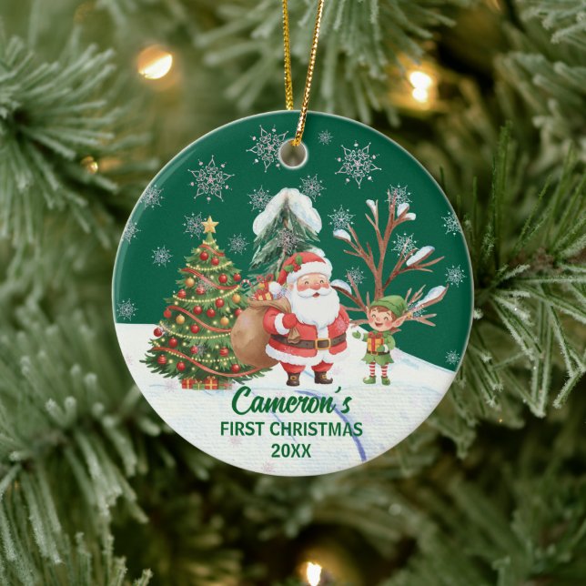 Santa Claus Snow Trees First Christmas Ceramic Ornament (Tree)