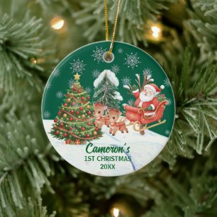Santa Claus Snow Trees First Christmas Ceramic Ornament