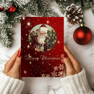 Santa Claus Snowflakes Red Holiday Card