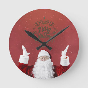 Santa Claus,Snowflakes,Red Round Clock