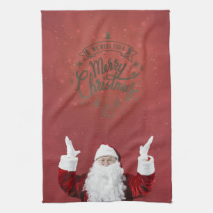 Santa Claus,Snowflakes,Red Tea Towel