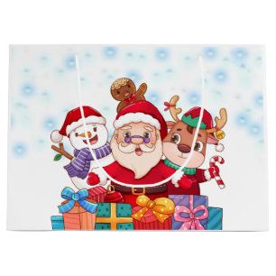 Santa Claus, Snowman and Reindeer Cartoon Xmas Large Gift Bag