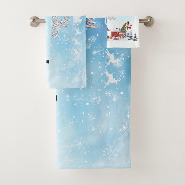 Santa Claus, Snowman Merry Christmas Holiday Bath Towel Set (Insitu)