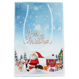 Santa Claus, Snowman Merry Christmas Holiday Mediu Medium Gift Bag