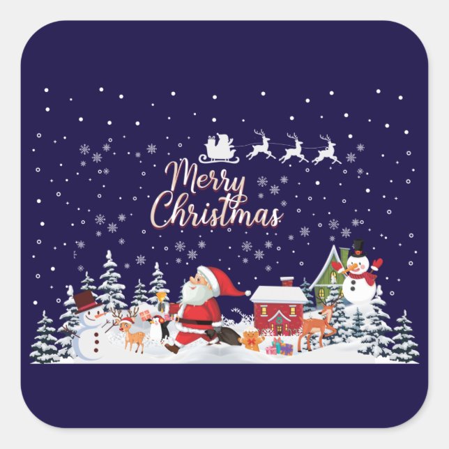 Santa Claus, Snowman Merry Christmas Holiday Square Sticker (Front)