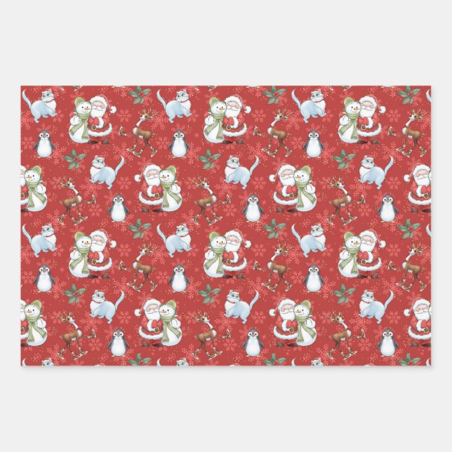 Santa Claus, Snowman, Reindeer, Cat Wrapping Paper Sheet (Front 2)