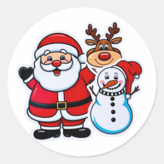 Santa claus snowman & reindeer classic round sticker