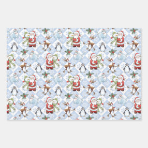 Santa Claus, Snowman, Rudolph, Cat Wrapping Paper Sheet
