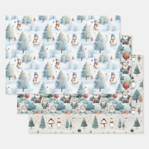 Santa Claus, Snowmen and Christmas Trees Wrapping Paper Sheet