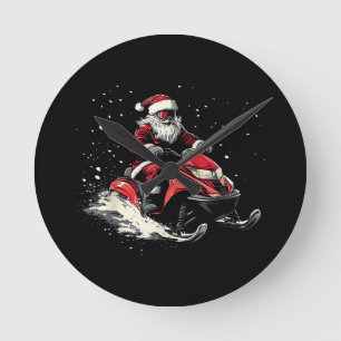 Santa Claus Snowmobile Motor Sled Funny Christmas Round Clock