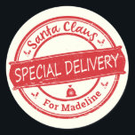 Santa Claus Special Delivery Add Name Classic Round Sticker<br><div class="desc">Santa Claus Special Delivery sticker with Santa's pack and holly that allows you to add a name for a special touch on holiday packages or envelopes!</div>