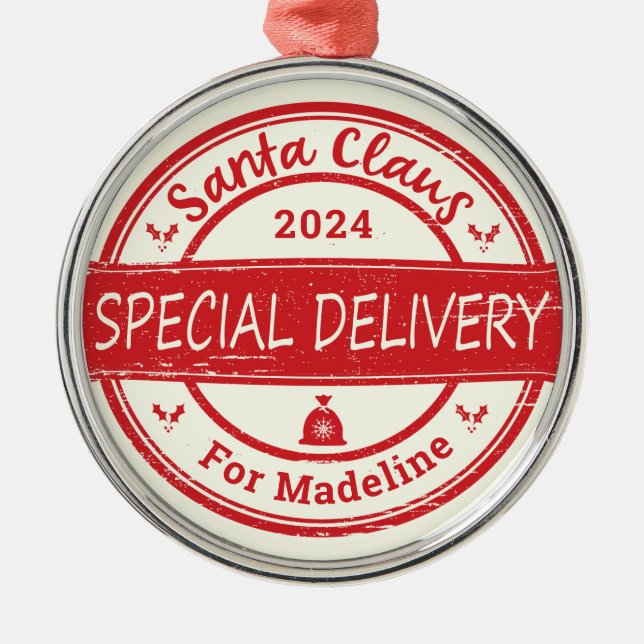 Santa Claus Special Delivery Custom Name Year Metal Ornament (Front)