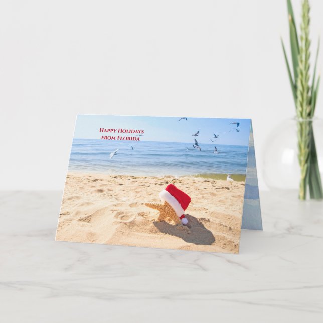 Santa Claus starfish on beach Holiday Card (Front)