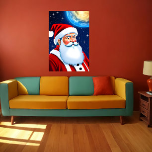 Santa Claus, stars and moon   AI Art Poster