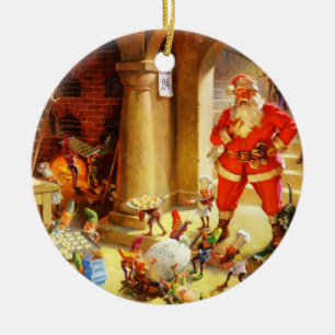 Santa Claus Supervises His Elves Baking Cookies Ceramic Ornament