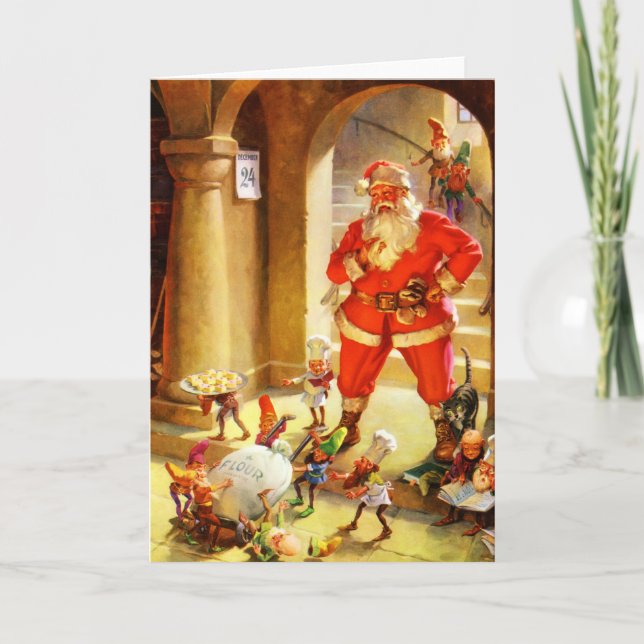 Santa Claus Supervises His Elves Baking Cookies Holiday Card (Front)