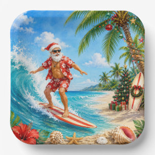 Santa Claus Surfing Beach view Christmas Party  Paper Plate