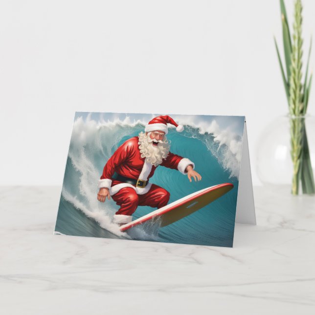 Santa Claus Surfing On a Board Holiday Card (Front)