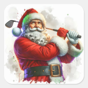 Santa Claus Swinging a Golf Club in Festive Attire Square Sticker