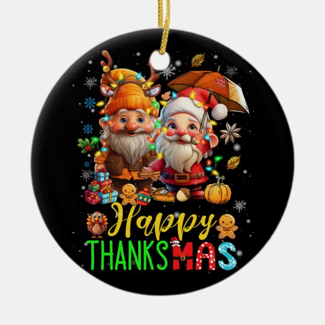 Santa Claus Thanksgiving Christmas Happy ThanksMas Ceramic Ornament (Front)
