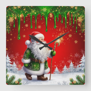 Santa Claus Through Snowy Christmas Wonderland Square Wall Clock