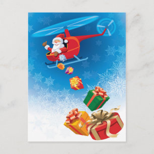 Santa Claus Throwing Gifts from Helicopter Funny Holiday Postcard