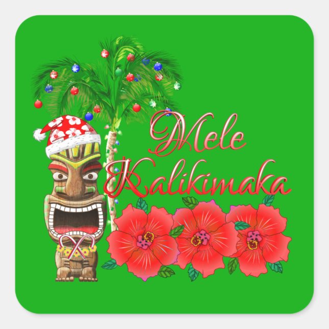 Santa Claus Tiki Mele Kalikimaka Square Sticker (Front)