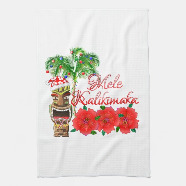 Santa Claus Tiki Mele Kalikimaka Tea Towel (Vertical)