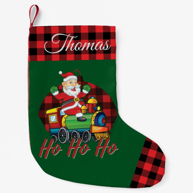 Santa Claus Train Ho Ho Ho Red Plaid Small Christmas Stocking (Front)