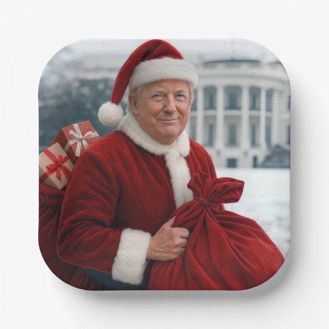 Santa Claus Trump With Red Gift Bag Paper Plate (Front)