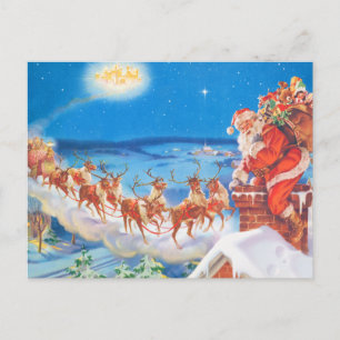 Santa Claus Up On  The Rooftop On Christmas Eve Holiday Postcard