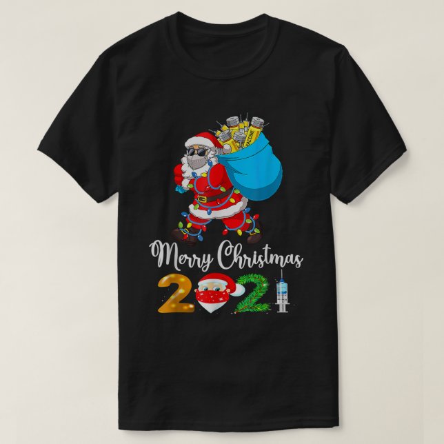 Santa Claus Vaccinated Xmas Lights Merry Christmas T-Shirt (Design Front)