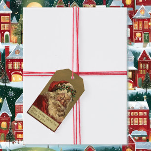 Santa Claus Vintage Christmas Holly Pipe Set of Gift Tags