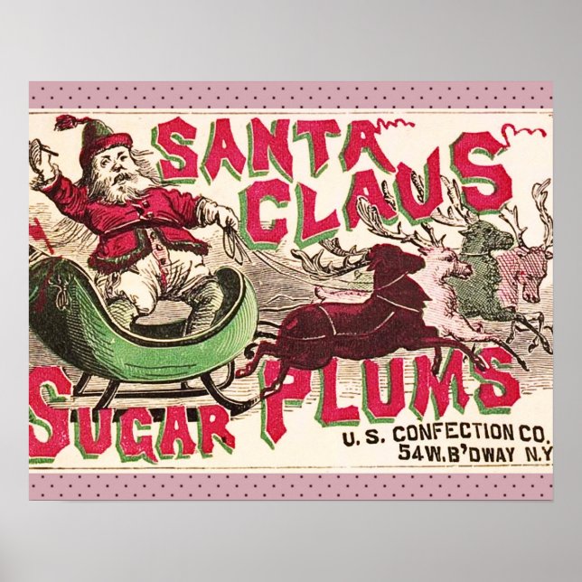Santa Claus Vintage Illustration Sleigh Poster (Front)