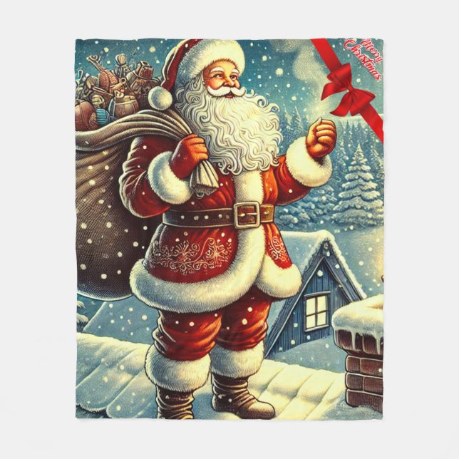 Santa Claus Vintage Merry Christmas Fleece Blanket (Front)