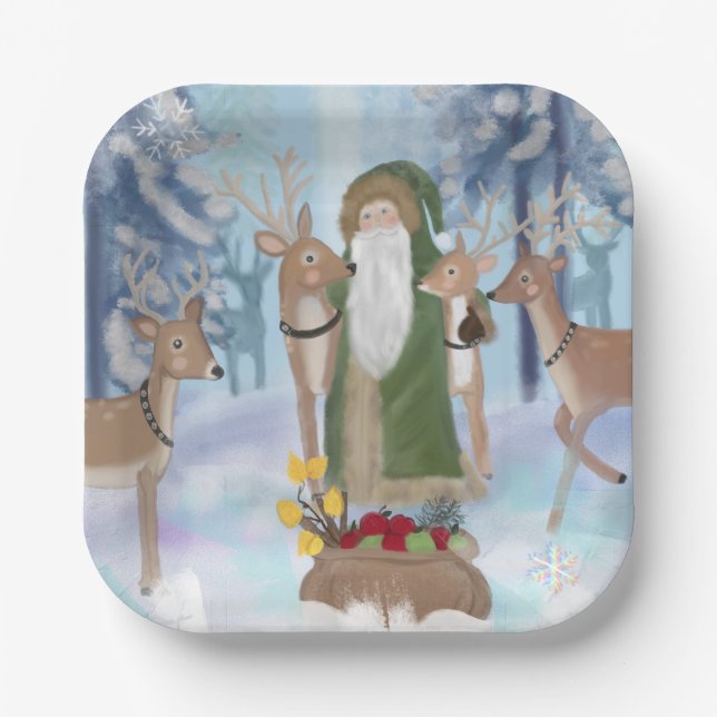 Santa Claus Visiting His Reindeer Paper Plate (Front)