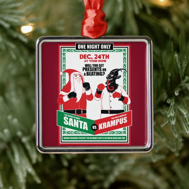 Santa Claus vs. Krampus Boxing Match Good vs. Evil Metal Ornament (Tree)