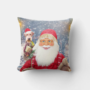 Santa Claus w Christmas Gifts Airedale Dog Cushion