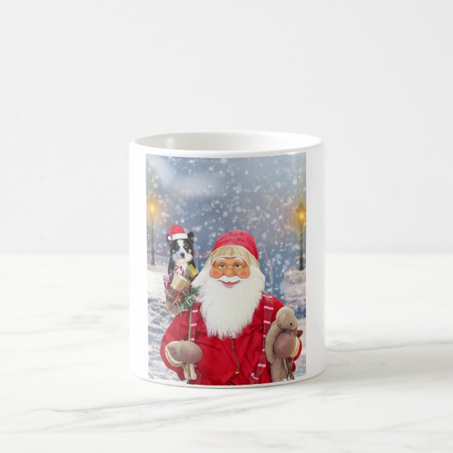 Santa Claus w Christmas Gifts Border Collie Dog Coffee Mug (Center)