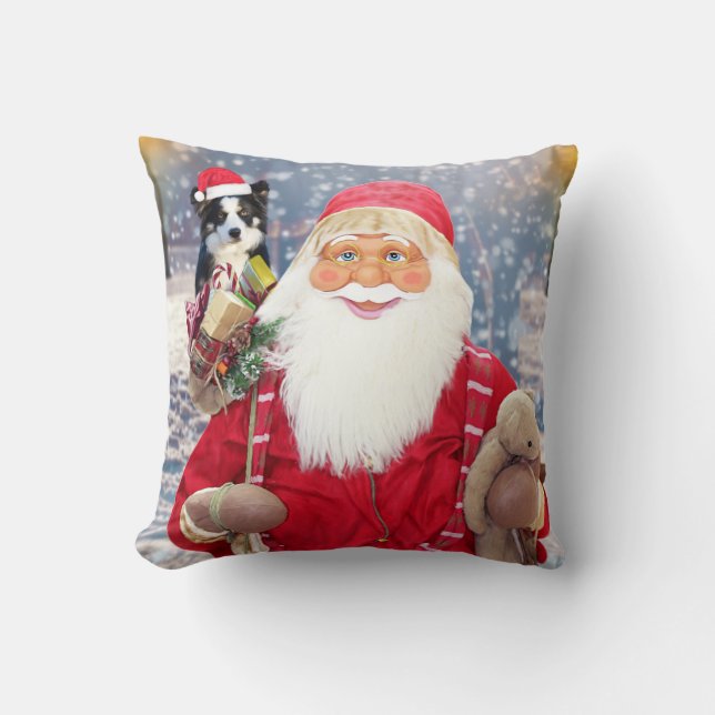 Santa Claus w Christmas Gifts Border Collie Dog Cushion (Front)