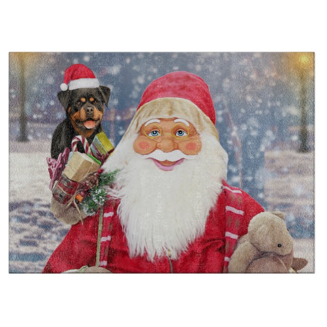 Santa Claus w Christmas Gifts Rottweiler Dog Cutting Board (Front)
