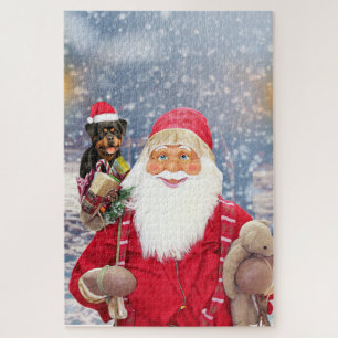Santa Claus w Christmas Gifts Rottweiler Dog Jigsaw Puzzle