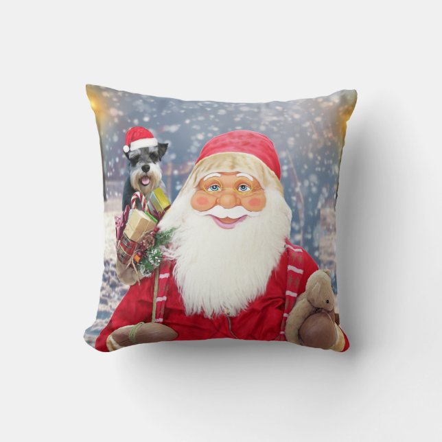 Santa Claus w Christmas Miniature Schnauzer Dog Cushion (Front)