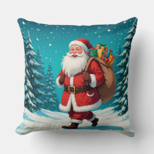Santa Claus Walking Joyfully in a Snowy Winter Cushion